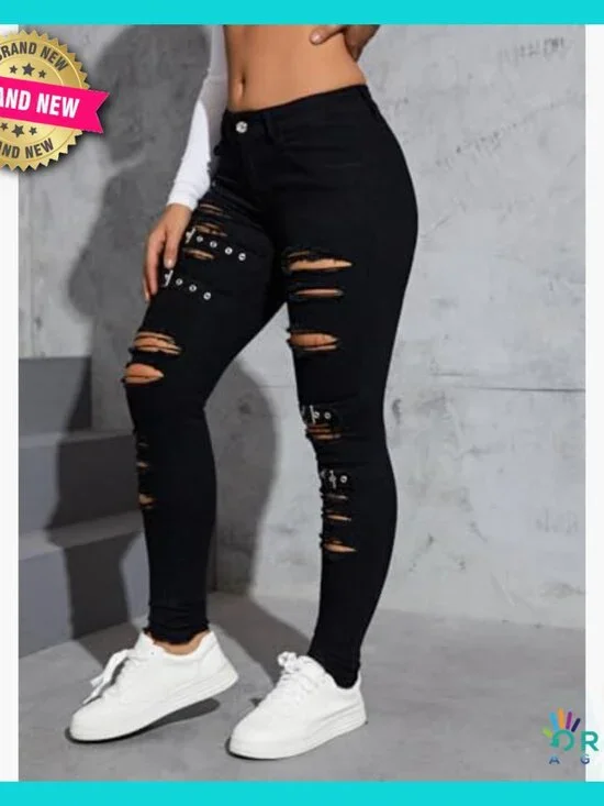 Ripped Distressed High Waist Skinny Jeans Stretch Denim Y2K Chic - Picture 3 of 5